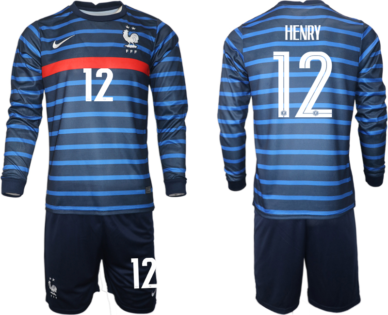 Men 2021 European Cup France home blue Long sleeve #12 Soccer Jersey->france jersey->Soccer Country Jersey